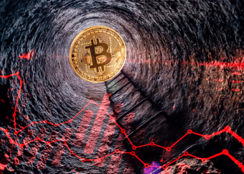 Fondo del pozo con bitcoin y gráfico rojo.