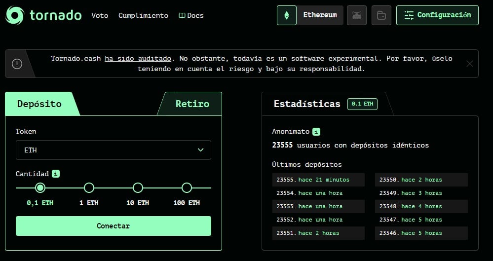 interfaz de usuario de Tornado Cash