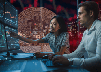 Traders con bitcoin y gráfico en caída en el fondo.