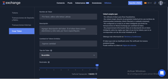 Crear token en Waves Exchange.