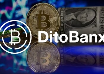 Logo de DitoBank delante de un par de monedas BTC y un billete de dólar