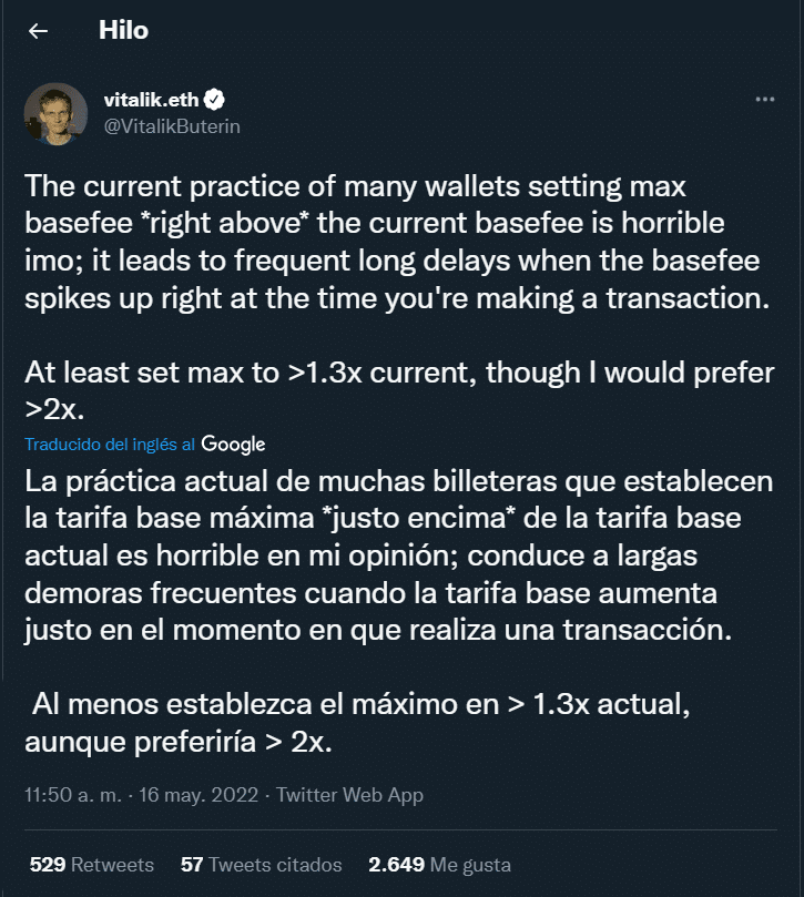Vitalik Buterin opinó en twitter sobre las configuraciones de comisiones de las wallet de ethereum
