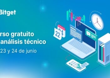 Un computador, libros, reloj y calendario que anuncian el curso de trading de Bitget
