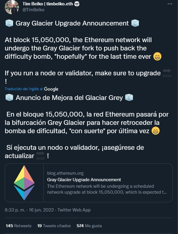 Tim Beiko anunció que con la bifurcación Gray Galcier se postergará la prueba de dificultad a nivel del bloque 15.050.000