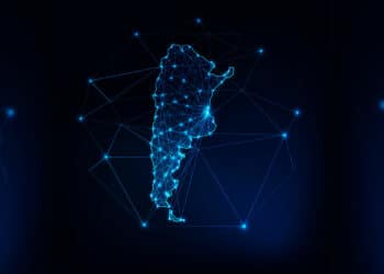 Silueta de mapa de Argentina con nodos representando innovación en tecnología