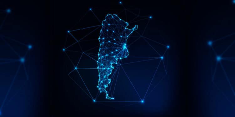 Silueta de mapa de Argentina con nodos representando innovación en tecnología