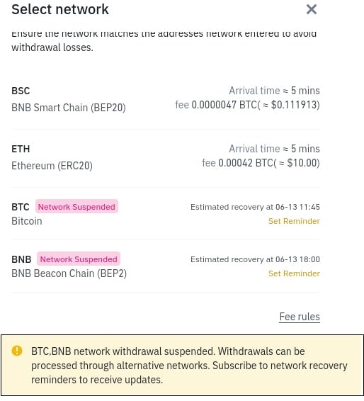 muestra del mensaje mostrado por Binance al intentar retirar fondos