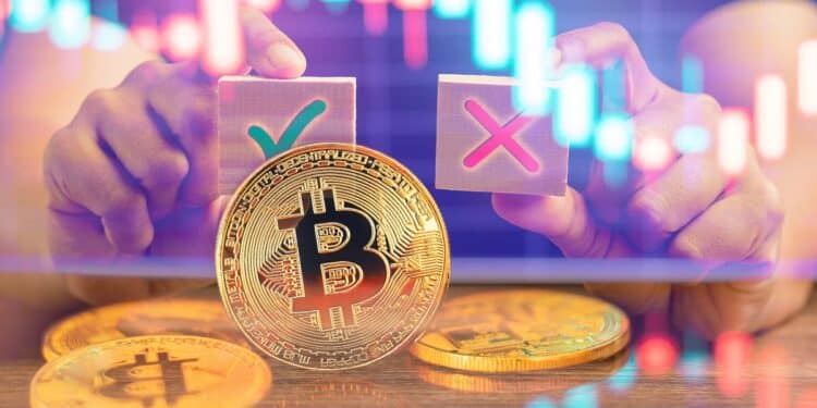Bitcoin con mano sosteniendo aprobación y negación que representa factores sobre el precio de BTC