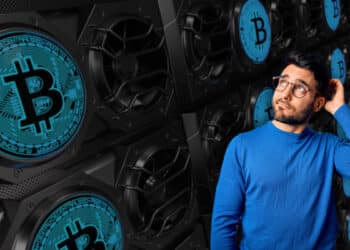 Hombre dudativo junto a unos mineros de bitcoin.