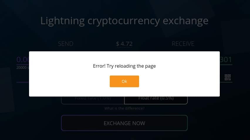 mensaje de error mostrado por binance al intentar recibir bitcoins via lightnin network