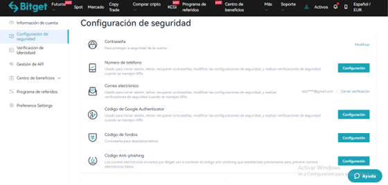 opciones de seguridad de Bitget