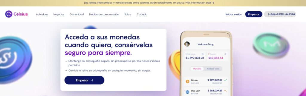 mensaje mostrado en la página de celsius sobre los retiros de la plataforma