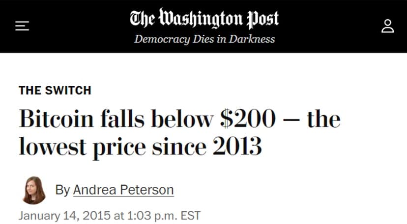 captura muestra noticia de The Washington Post en el 2015 sobre la caida en el precio de bitcoin por debajo de USD 200