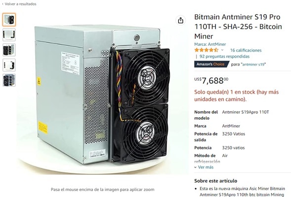 oferta de compra en Amazon para un Antminers S19 Pro de Bimain