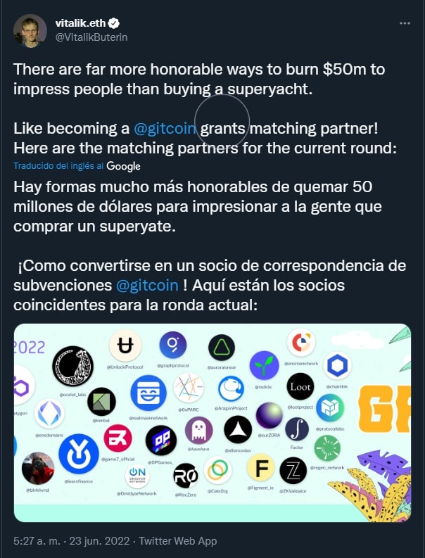 en un tweet el desarrollador de Ethereum, Vitalik Buterin, señaló proyectos más honorables en los que sería mejor quemar dinero