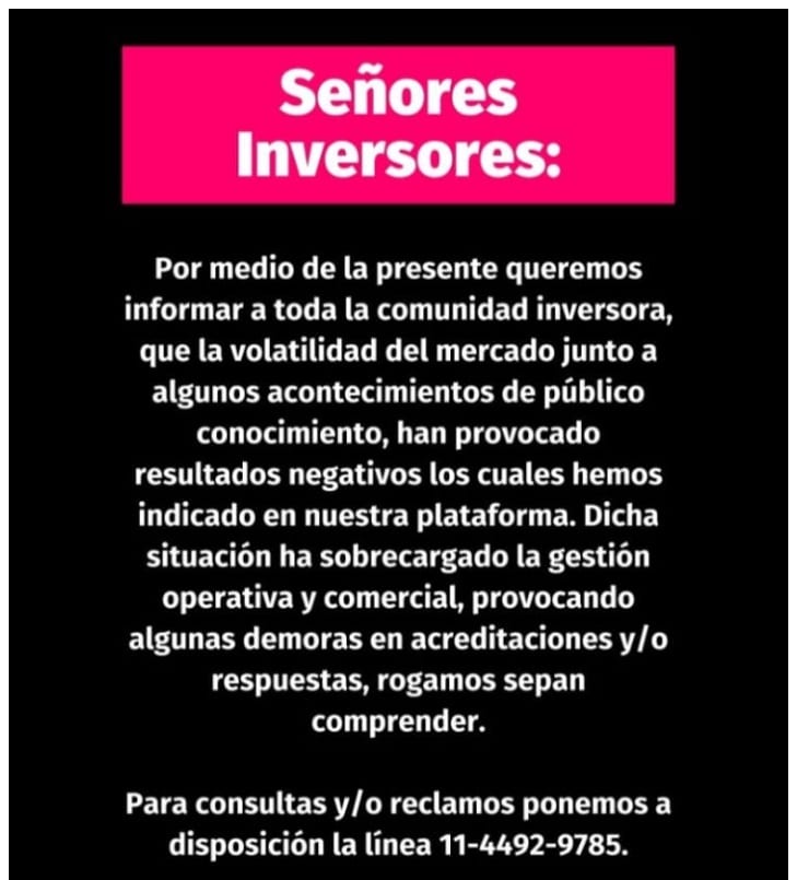 comunicado de CoinX dirigido a sus inversores en instagram