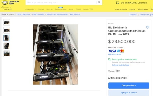 oferta en mercado Libre para un rig de minería de criptomonedas