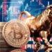 Bitcoin acompañado de un toro junto a unos gráficos de mercado.