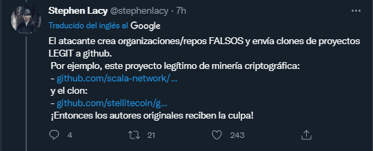 Tuit Stephen Lacy sobre direcciones falsas por ataque Github