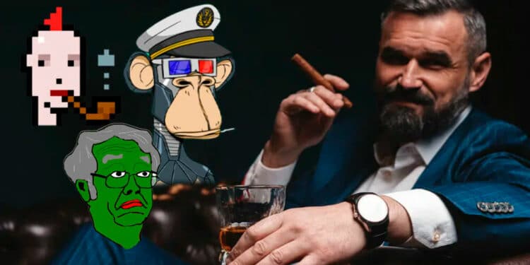 Millonario junto a un NFT BAYC rarepepe y cryptopunk