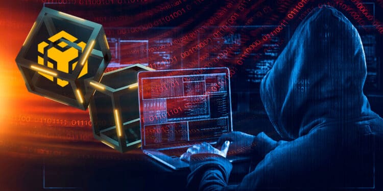 Hacker junto al logo de Binance Smart Chain (BSC) dentro de una cadena de bloques.