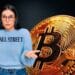 Mujer de Wall Street al lado de Bitcoin.