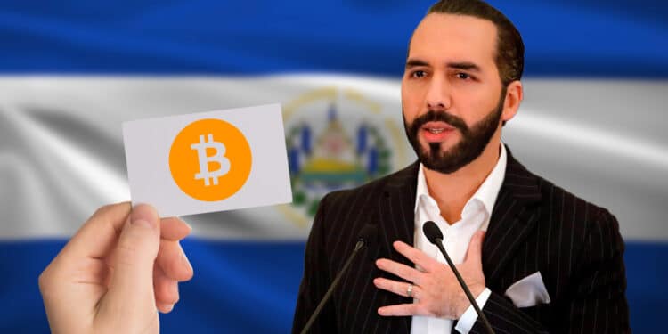 Bukele junto a un bono de Bitcoin acompañados de la bandera de El Salvador.