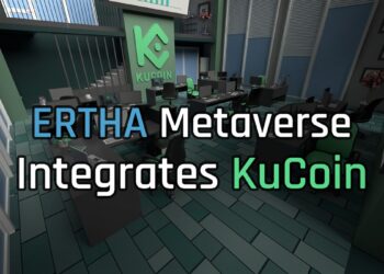 Escritorios y sillas de la oficina virtual de KuCoin en el metaverso Ertha