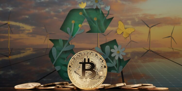 BItcoins con energía eólica al fondo y símbolo de reciclaje.