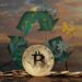 BItcoins con energía eólica al fondo y símbolo de reciclaje.