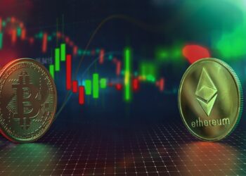 monedas de Bitcoin y Ethereum con gráfico de precio mostrando subida