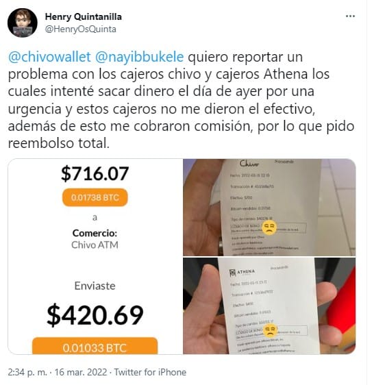 Usuarios reportando un problema con los cajeros Chivo en El Salvador.