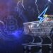 carrito de compras lleno de monedas de bitcoin y relámpago con red de bitcoin y rayos en el fondo