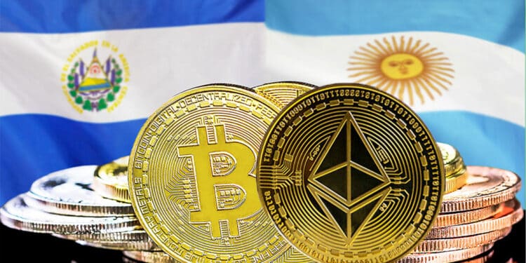 Bitcoin y Ethereum junto a bandera de Argentina y El Salvador.