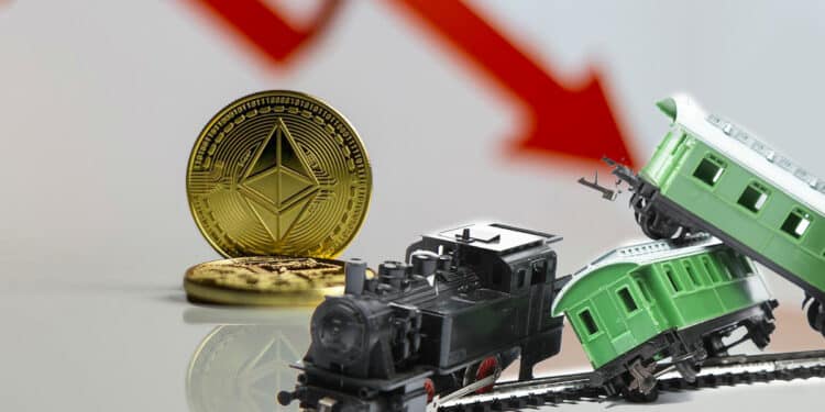 moneda de ethereum junto a trenes chocando con flecha bajista en el fondo