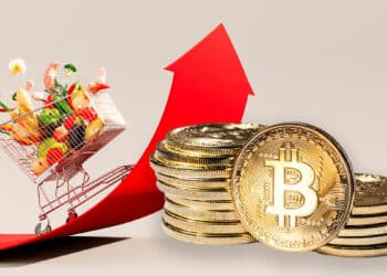 Flecha con carrito de supermercado representando la inflación y pila de bitcoin