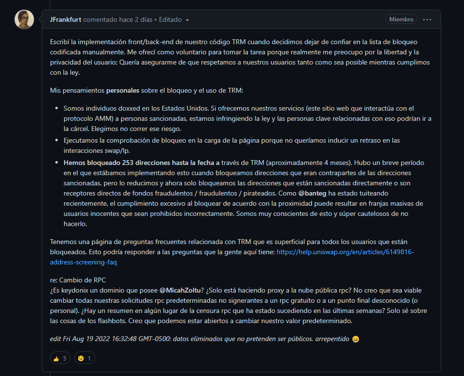 Texto de Jordan Frankfurt sobre los bloqueos de Uniswap