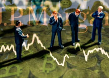 Hombres parados en un piso de Bitcoin acompañados del logo de JPMorgan.