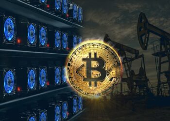 moneda de bitcoin brillante en frente de rigs de asic y extractores de petróleo