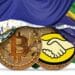 Banderas de El Salvador y Brasil junto a moneda de Bitcoin y MercadoCoin.