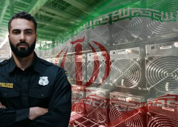 hombre con uniforme de policía junto a grnaja de minería de criptomonedas con bandera de Irán superpuesta