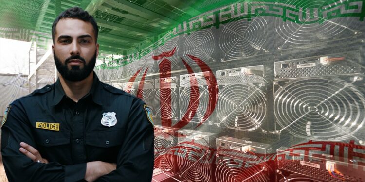 hombre con uniforme de policía junto a grnaja de minería de criptomonedas con bandera de Irán superpuesta