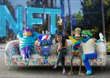 Personajes de una serie de tv junto a NFT.