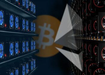 logos de Bitcoin y Ethereum saliendo de equipos de minería ASIC y GPU