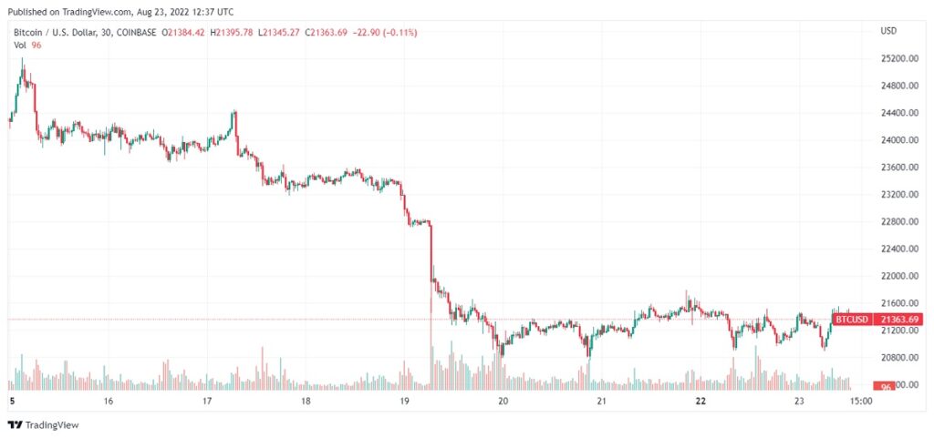 gráfico muestra caida en el precio de bitcoin experimentada entre el 15 agosto y el 23 de agosto de 2022