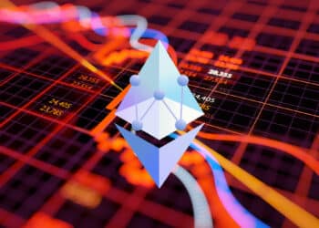 ETHW con gráfico rojo al fondo.