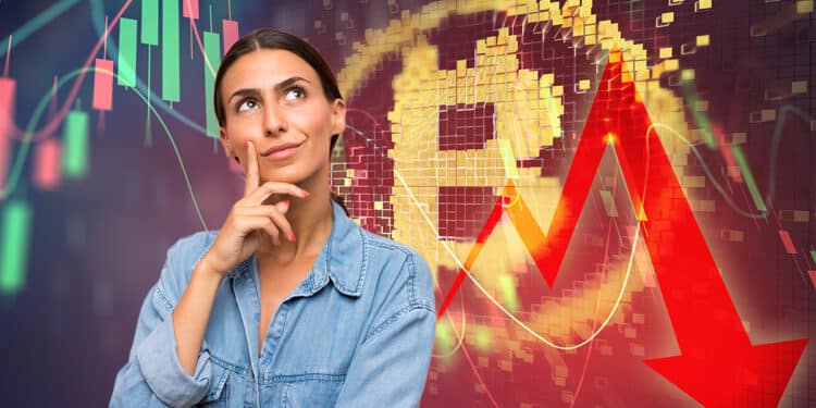 Ahorrista pensando en positivo acompañado de un bitcoin en el mercado bajista.