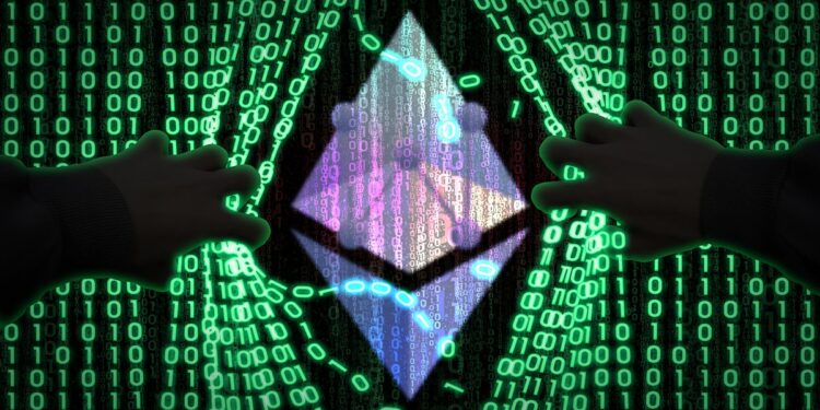 amanos separando cadenas digitales con logo de ethereum pow en el fondo