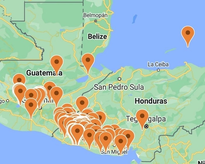 señaladores sobre ubicaciones en centroamérica en donde se usa bitcoin