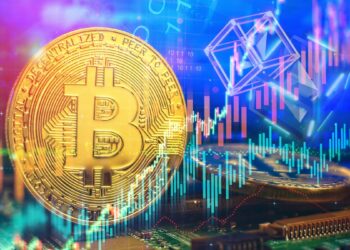 moneda de bitcoin con gráfico de precio alcista superpuesto y bloques de ethereum fusionandose en el fondo